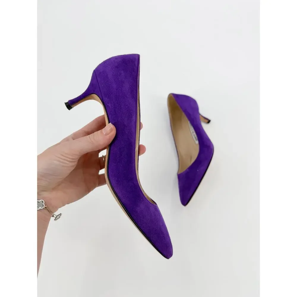 Manolo Blahnik BB Pumps Purple Suede Pointed Toe Low Kitten Heel Shoes 37
